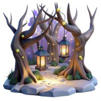 serene modern stunning minimalist Enchanted 3D Forest Scene with Lanterns high resolution high resolution png