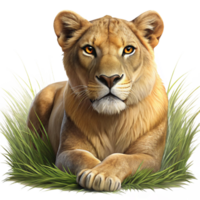 Majestic Lioness in Grass 3D Illustration png