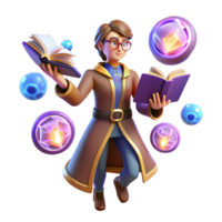 serene classic extraordinary minimalist Wizard 3D Render, Magical Books and Glowing Orbs premium exclusive png