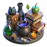 3D Render Witchcraft Scene Mystical Books, Cauldron, and Cat png