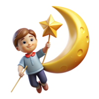 beautiful creative elegant rustic 3D Boy Flying on Crescent Moon Illustration exclusive genuine png