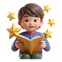 impressive abstract vibrant rustic 3D Render Boy Reading Book with Stars premium authentic png