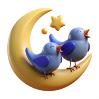 wonderful creative Cute Birds on Crescent Moon 3D Render premium png