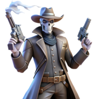 elegant rustic 3D Render of Gun slinging Skeleton Cowboy high quality png