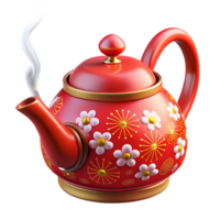 vibrant artistic A Bright Red Ceramic Teapot with Floral Pattern and Steam high quality png