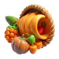 elegant traditional Orange Thanksgiving Cornucopia Cutout with Fruits and Vegetables Transparent Background detailed png