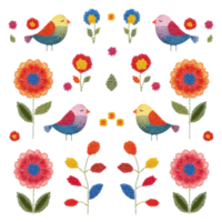 A delightful illustration featuring colorful birds and vibrant flowers arranged in a symmetrical pattern, evoking a sense of playfulness and artistic charm. png