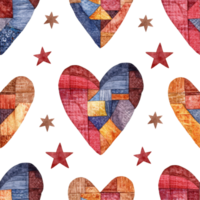 A charming watercolor pattern of patchwork hearts and stars, perfect for adding a touch of whimsy and warmth to any design. png