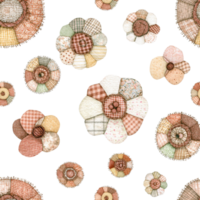 A delightful pattern showcasing a variety of fabric flowers in soft, inviting colors, each one crafted with intricate detail and a touch of rustic charm. png