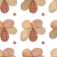 Charming seamless pattern with a repeating design of stylized flowers made from various textured fabrics, creating a warm and inviting aesthetic. png