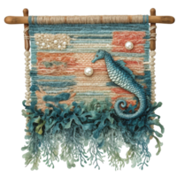 A unique handcrafted tapestry depicting an underwater scene with a seahorse. Soft colors and textures add a touch of elegance and seaside charm. png