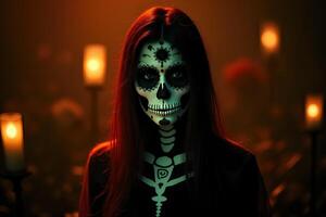 Captivating Dia de Muertos Portrait with Mystical Vibes and Candlelight Ambiance photo