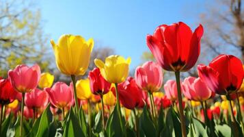 A vibrant tulip garden with rows of red, yellow, and pink tulips photo