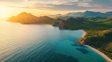 Aerial beautiful shot of a seashore with hills on the mountains photo