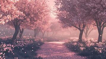 A serene grove of cherry blossom trees with delicate pink petals falling gently to the ground photo