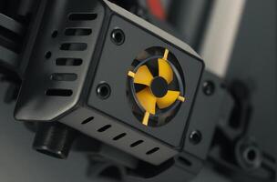 Close Up View of a 3D Printer Nozzle with Unique Cooling Fan Design photo