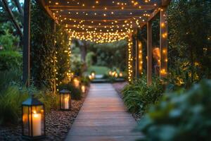 Pathway lit by string lights and lanterns creating a romantic ambiance photo