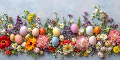 Colorful easter eggs and spring flowers creating a festive border on blue background photo