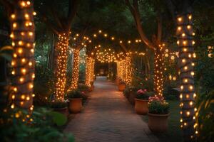 Pathway lit by string lights wrapped around trees at dusk photo