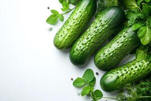Fresh cucumbers with dill and mint on white background photo