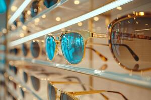 Luxury sunglasses displayed on shelves in upscale boutique lighting reflecting in lenses photo