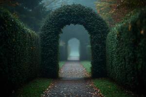 Pathway leading through green archway in formal garden on rainy day photo
