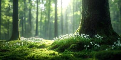 Spring sunlight illuminating snowdrops growing around mossy tree trunk in forest photo