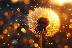 Dandelion seeds blowing in golden sunset light creating magical bokeh effect photo
