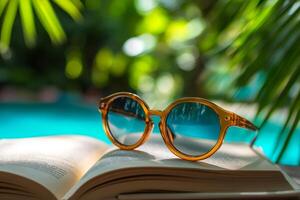 Sunglasses resting on open book by pool in tropical paradise photo