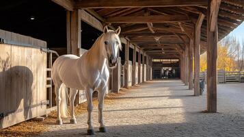 White horse standing in a stable looking at other horses in the background photo
