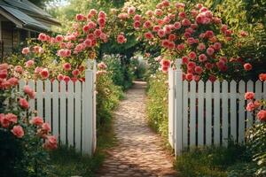 White picket fence and rose archway leading to cobblestone path in beautiful garden photo