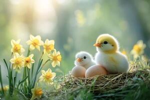 Baby chickens resting in nest with eggs and daffodils in spring sunlight photo