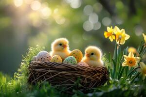Two chicks sitting in nest with decorated easter eggs and daffodils in spring sunlight photo