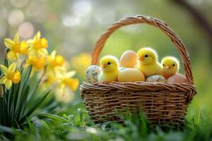 Cute yellow chicks and easter eggs in basket with daffodils in the background photo