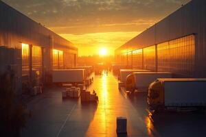 Logistics hub operating at sunset with delivery trucks and workers handling packages photo