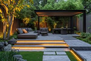 Modern backyard patio featuring a pergola, illuminated steps, and lush greenery photo