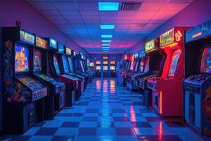 Rows of illuminated arcade cabinets in a retro arcade setting photo