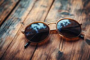 Round sunglasses resting on rustic wooden table reflecting sky photo