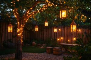 Lanterns hanging from tree branches illuminating backyard garden at night photo