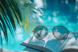 Sunglasses resting on open book by sparkling blue pool under palm tree photo