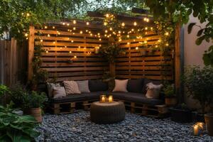 Cozy pallet sofa and string lights creating a relaxing backyard oasis photo