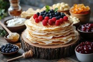 Stack of pancakes with berries, honey and sour cream on rustic wooden table photo