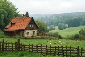 Chickens roaming freely on idyllic farm with rustic farmhouse in the background photo