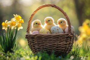 Three baby chickens sitting in basket with easter eggs and daffodils in spring photo