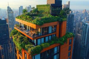 Modern green skyscraper integrating nature into urban architecture in new york city photo