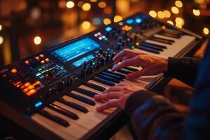 Musician playing synthesizer on stage with blurred lights in background photo