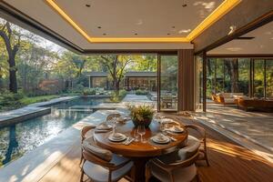Luxurious dining room overlooking inviting swimming pool and lush garden photo