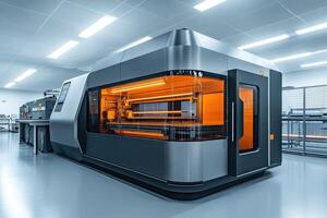 Modern industrial 3d printer creating objects in brightly lit factory photo