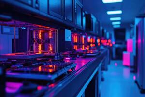 Automated assembly line operating in modern factory with neon lights photo