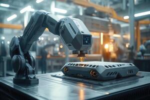 Robotic arm working on component in modern factory photo